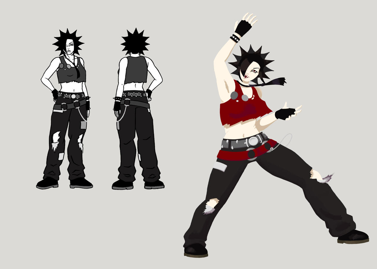 Final painted character in an action pose with grayscale front to back view.