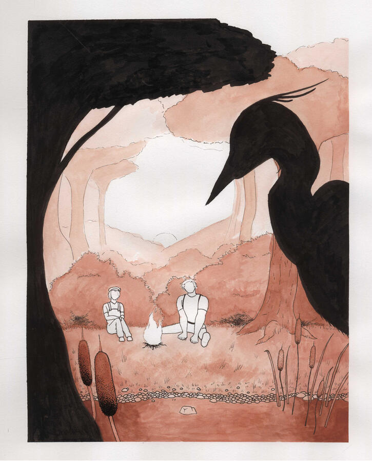 A page illustration depicting a scene from the book Of Mice and Men. Done with ink and fine-liners on watercolor paper.